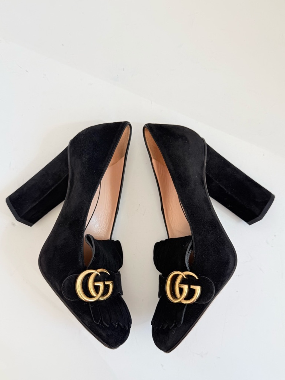 Gucci Marmont GG Suede Fringe Block Heel Pumps Black Loafer Heels EU 38.5 - Picture 3 of 9